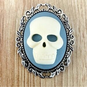 Pastel Goth Light Blue and White Skull Cameo Brooch, NWT